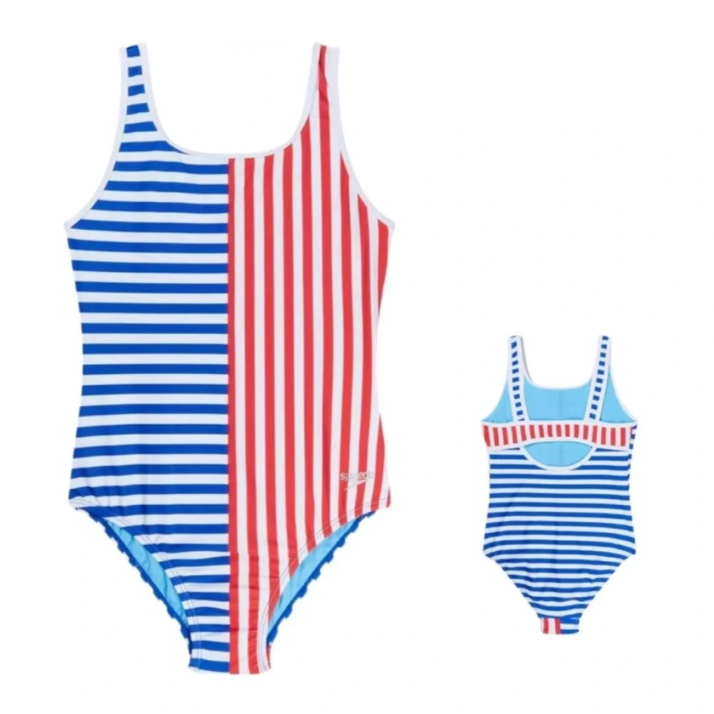 Speedo Girl’s Swimsuit One Piece Blue and Red Stripes Size 14 NWT UPF 50+